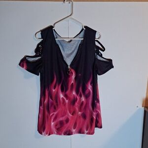 Stylish Black and Pink Flame Women's Top Off Shoulder Style